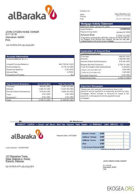 Pakistan , Al , Baraka , hypothèque , relevé , en formats Word et PDF